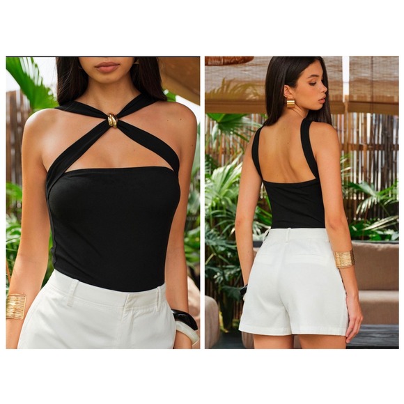 Commense Tops - Commense Halter Top Women Medium Black Crossover Gold Ring Hardware Sleeveless